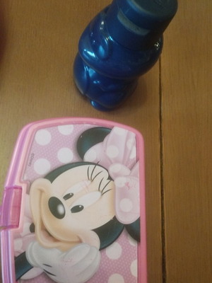 Tupperware bottle and Disney food container used, gift plastic fork