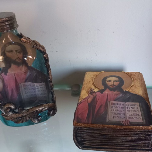 Handmade bottle and box with icon, new religious items