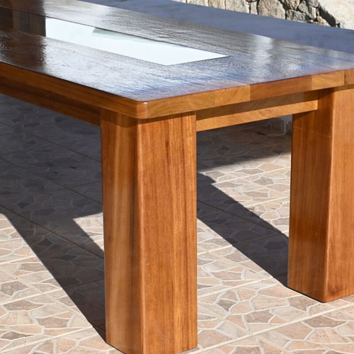 The Horizon outdoor dining table made of solid African Iroko, made to order