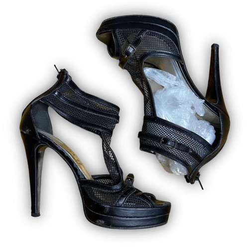 Black high-heeled shoes with mesh fabric used, size 38