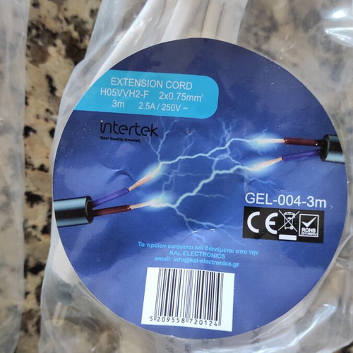 Extension cords with bipolar plug, new, 3m and 5m white cables