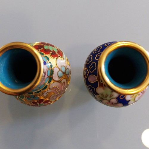 Cloisonné Miniature Vases Pair like new, enamel and bronze