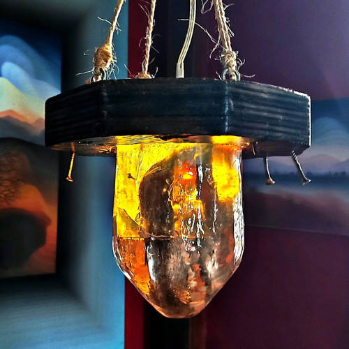 Ceiling light with wild boar skull and wood base made to order