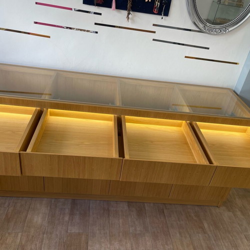 Display Cabinets like new, walnut, LED lighting, soft close, set of 2