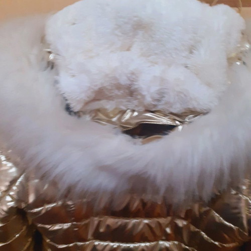 Short gold jacket with white fur and hood