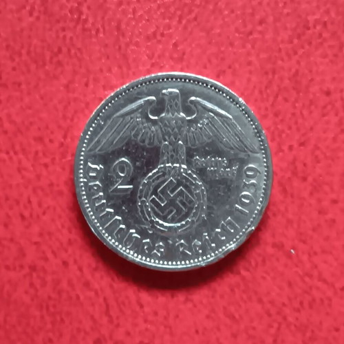 Silver 2 Mark Coin Germany 1939 used, Third Reich