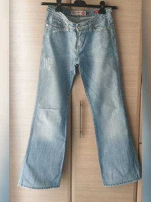 Miss Denim denim jeans used, bell-bottom, size 28, light wash with rips