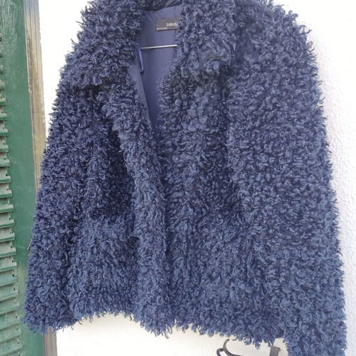 Zara navy blue fluffy buckle curly fur jacket used