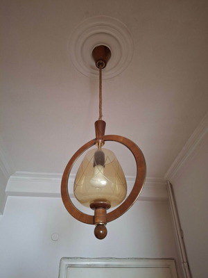 Vintage pendant lamp with teak ring and engraved glass like new