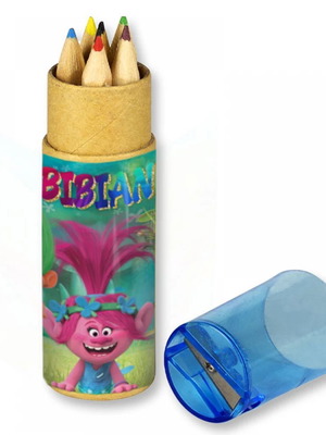 Trolls colored pencils new, 10 pieces with name in kraft pencil case