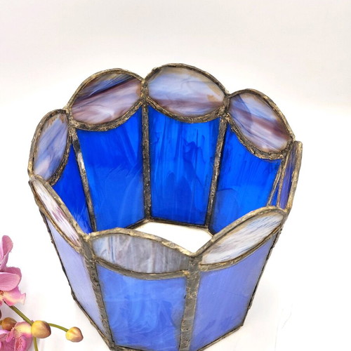 Vintage Dutch decorative candle holder used, blue Tiffany-style glass