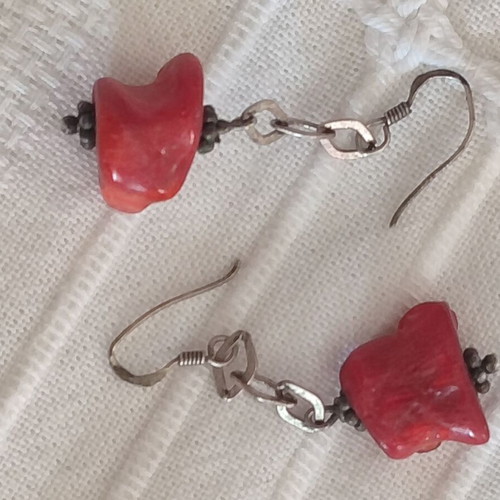 Handmade 925 Silver Earrings with Natural Red Coral