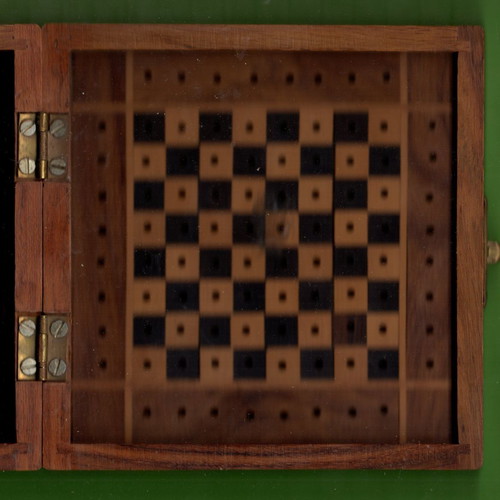 Old wooden walnut chessboard like new, travel with holes for pieces