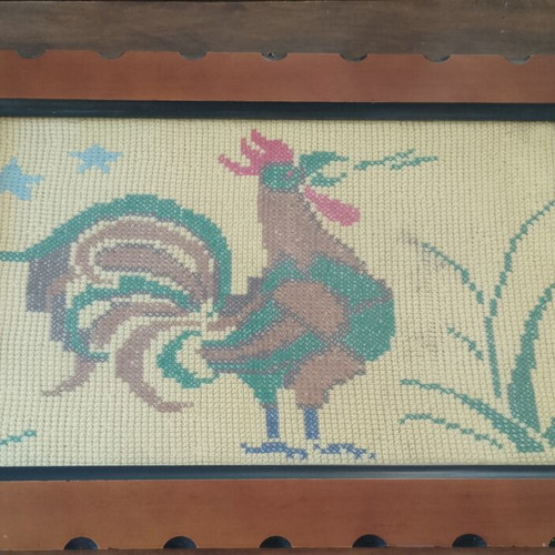 Vintage cross stitch cockerel textile painting 56×37cm