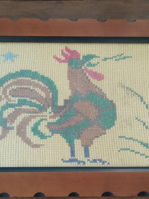 Vintage cross stitch cockerel textile painting 56×37cm