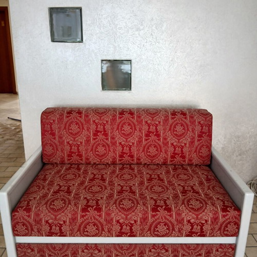 Glass bookshelf with wooden base, round table, sofa, armchair set, Sato desk, vintage chair like new