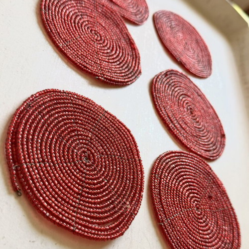 Set of 6 retro handmade coasters with red beads and wire