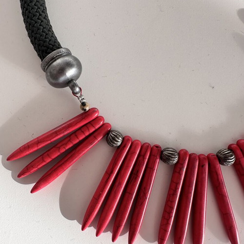 Statement Boho Necklace with Red Coral Style Elements and Black Cord like new
