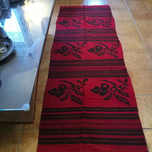 Handmade kilim in deep red and black, length 2.20 m width 0.76 m