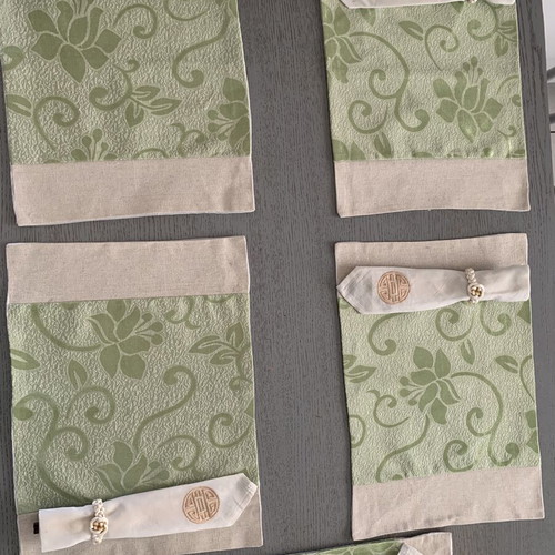 Vintage Japanese serving set for 6, unused fabric placemats with chopsticks