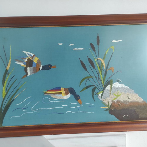 Embroidered paintings used, set of 5 with people, birds, flowers, ducks