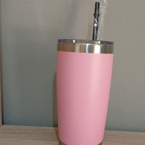 Metallic thermos with straw pink new