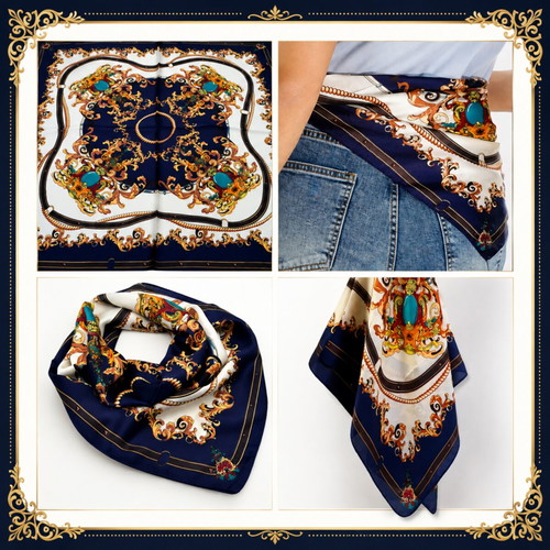Baroque satin scarf 70x70 cm, navy and gold