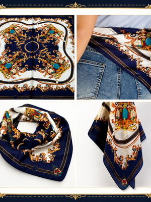 Baroque satin scarf 70x70 cm, navy and gold