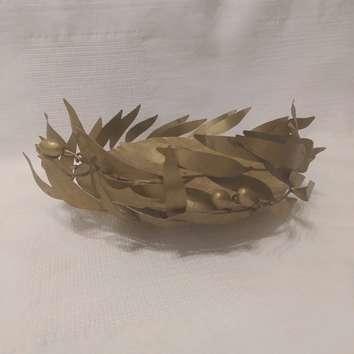 Handmade metal candlestick hammered with olive branch decoration like new