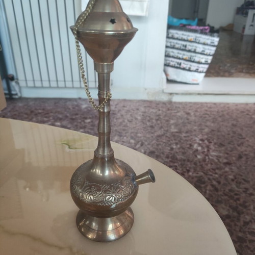 Decorative hookah vintage style metal with embossed designs and fabric hose like new