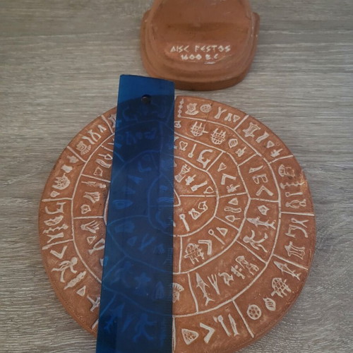 Festos Disk 1600 BC ceramic with stand, 13.5 cm