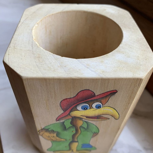 Wooden pencil holder new with vintage cartoon bird painting