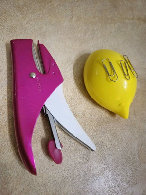 Office set used with Alessi Dozi paperclip holder and Leitz 5547 stapler