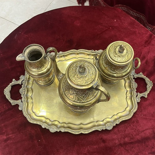 Vintage tea set used, oriental style with embossed teapot and tray