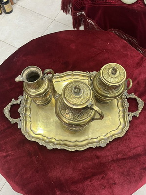 Vintage tea set used, oriental style with embossed teapot and tray