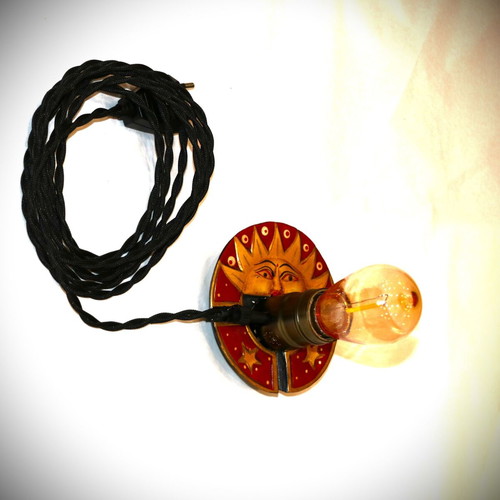 Sun Antique Lamp with Teak Wood Base and Warm Yellow Light