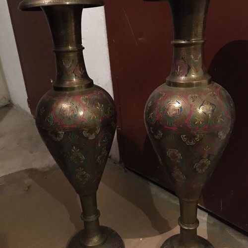 Floor vases used, pair of engraved metal