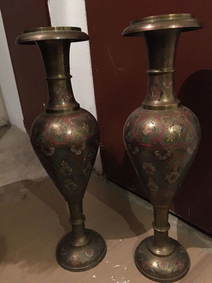 Floor vases used, pair of engraved metal
