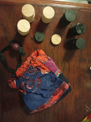 Wooden backgammon pieces with boho style pouch like new