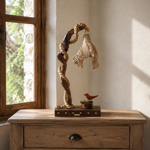 Handmade table lamp with natural driftwood and burlap