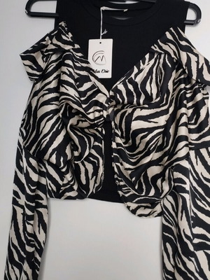 Top new, black and beige satin zebra print with inner black top