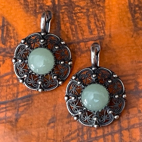 Silver earrings handmade filigree 925 with nephrite stone