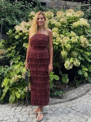 Zara brown fringed strapless tulle maxi dress, size S