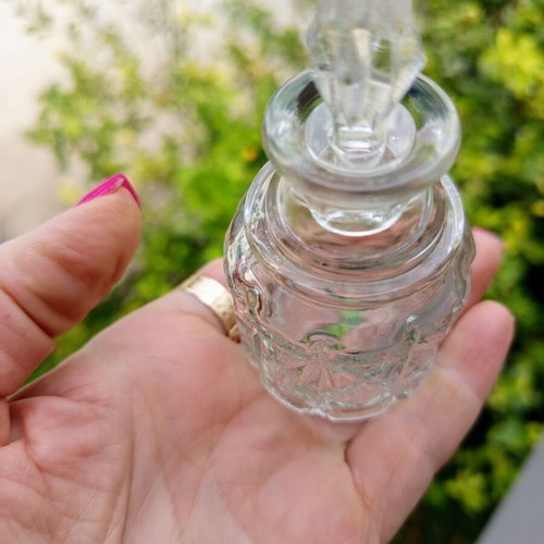Vintage glass miniature bottle set of 2 with carved pattern and glass stopper