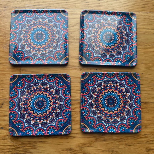 Square coasters new with colorful unique designs, set of 4