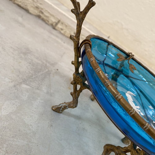 Jardiniere decorative bowl used, Victorian blue glass with Mary Gregory painting