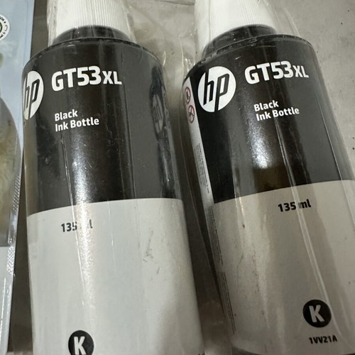 HP GT53XL black ink bottles 135ml, Epson 26XL cyan and yellow ink cartridges