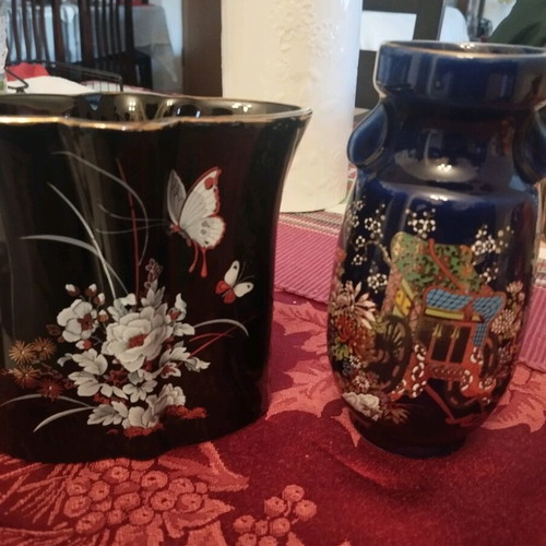 Two Hand Painted Vases Like New, Dark with Gold