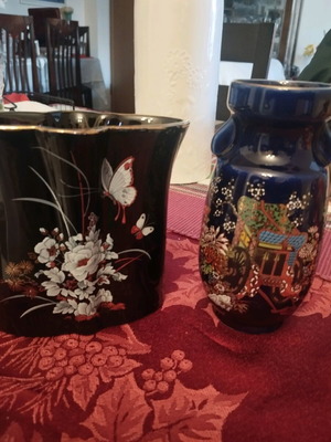 Two Hand Painted Vases Like New, Dark with Gold
