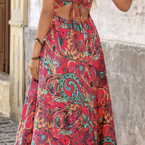 Summer dress like new with back tie and fuchsia patterns